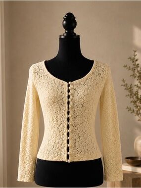 Vintage Cream Lace Pearl Button Top